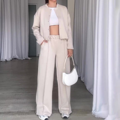 💥Horký výprodej💥 Dámská jednobarevná bunda a volné kalhoty, 2dílná sada